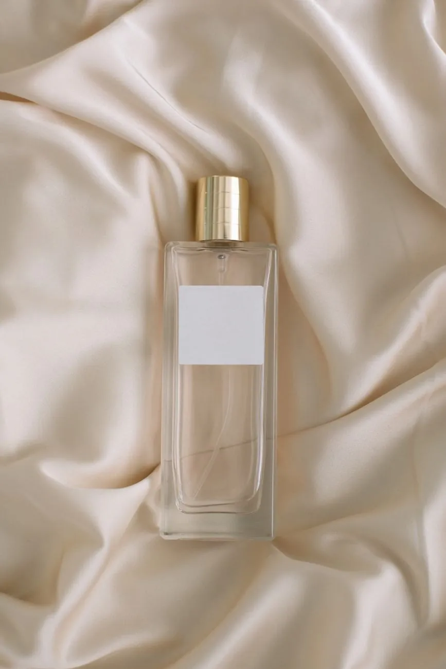 A tall clear perfume bottle with a blank label lying on cream satin