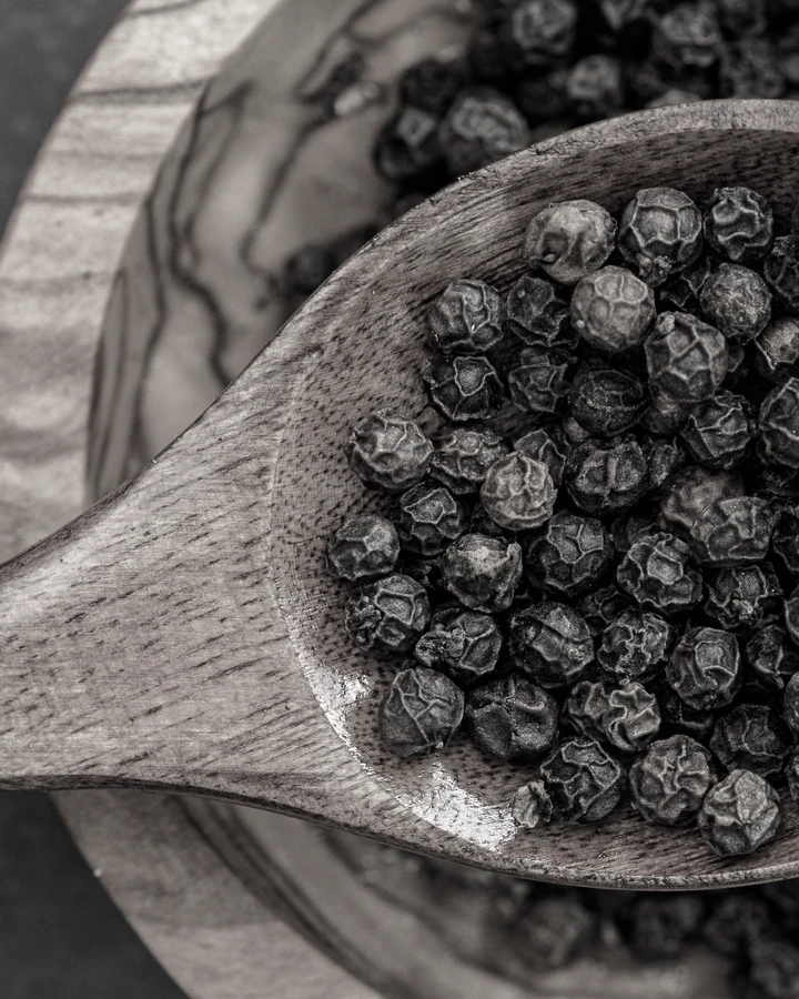 Peppercorns, weighed before distillation.